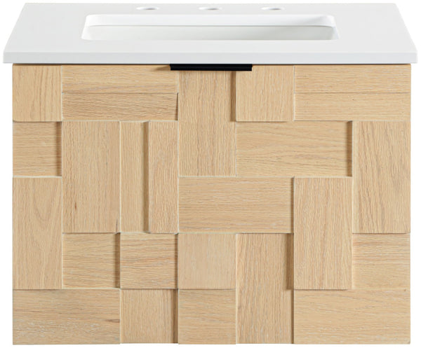 Meridian Furniture Leonardo Wall Mounted Solid Wood Bathroom Vanity with Geometric Doors and Engineered Stone Top Natural 24 inches 435Natural-24