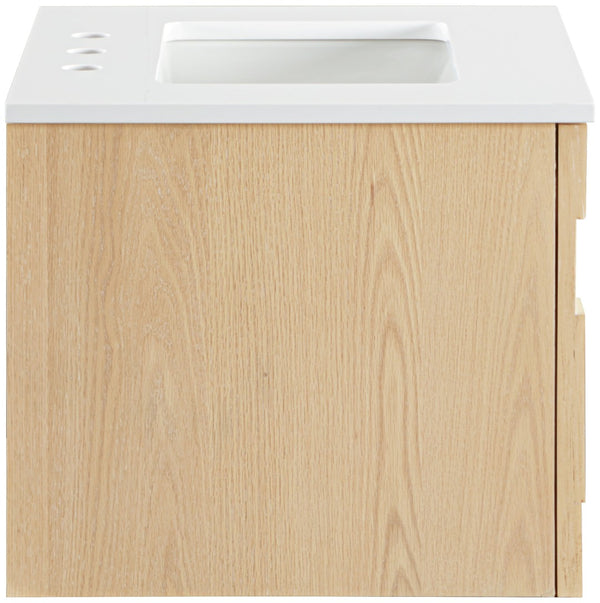 Meridian Furniture Leonardo Wall Mounted Solid Wood Bathroom Vanity with Geometric Doors and Engineered Stone Top Natural 24 inches 435Natural-24