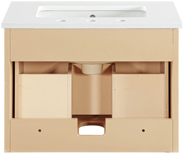 Meridian Furniture Leonardo Wall Mounted Solid Wood Bathroom Vanity with Geometric Doors and Engineered Stone Top Natural 24 inches 435Natural-24