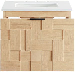 Meridian Furniture Leonardo Wall Mounted Solid Wood Bathroom Vanity with Geometric Doors and Engineered Stone Top Natural 24 inches 435Natural-24