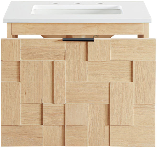 Meridian Furniture Leonardo Wall Mounted Solid Wood Bathroom Vanity with Geometric Doors and Engineered Stone Top Natural 24 inches 435Natural-24