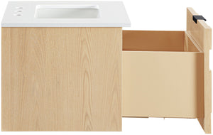 Meridian Furniture Leonardo Wall Mounted Solid Wood Bathroom Vanity with Geometric Doors and Engineered Stone Top Natural 24 inches 435Natural-24