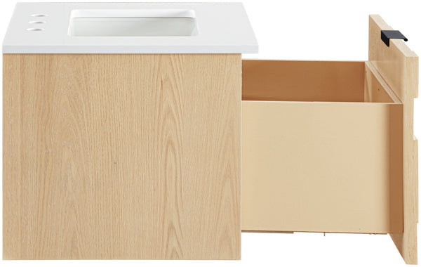 Meridian Furniture Leonardo Wall Mounted Solid Wood Bathroom Vanity with Geometric Doors and Engineered Stone Top Natural 24 inches 435Natural-24