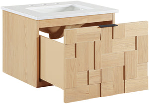 Meridian Furniture Leonardo Wall Mounted Solid Wood Bathroom Vanity with Geometric Doors and Engineered Stone Top Natural 24 inches 435Natural-24
