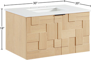 Meridian Furniture Leonardo Wall Mounted Solid Wood Bathroom Vanity with Geometric Doors and Engineered Stone Top Natural 30 inches 435Natural-30