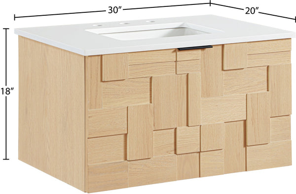Meridian Furniture Leonardo Wall Mounted Solid Wood Bathroom Vanity with Geometric Doors and Engineered Stone Top Natural 30 inches 435Natural-30