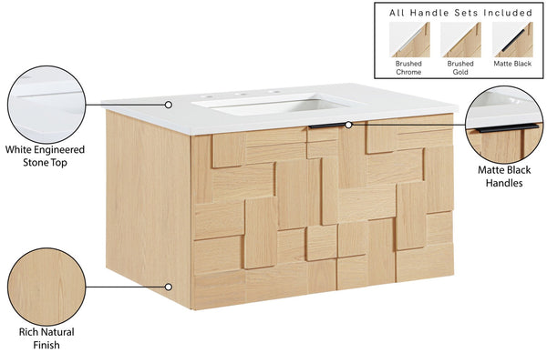 Meridian Furniture Leonardo Wall Mounted Solid Wood Bathroom Vanity with Geometric Doors and Engineered Stone Top Natural 30 inches 435Natural-30