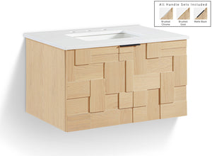 Meridian Furniture Leonardo Wall Mounted Solid Wood Bathroom Vanity with Geometric Doors and Engineered Stone Top Natural 30 inches 435Natural-30