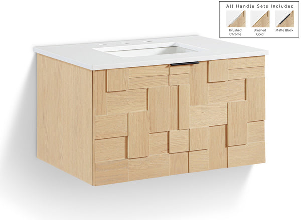 Meridian Furniture Leonardo Wall Mounted Solid Wood Bathroom Vanity with Geometric Doors and Engineered Stone Top Natural 30 inches 435Natural-30