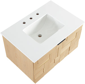Meridian Furniture Leonardo Wall Mounted Solid Wood Bathroom Vanity with Geometric Doors and Engineered Stone Top Natural 30 inches 435Natural-30