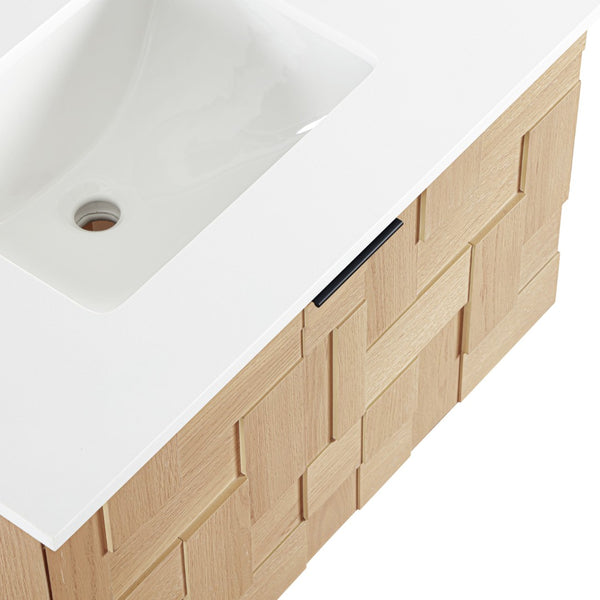 Meridian Furniture Leonardo Wall Mounted Solid Wood Bathroom Vanity with Geometric Doors and Engineered Stone Top Natural 30 inches 435Natural-30