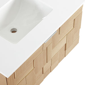 Meridian Furniture Leonardo Wall Mounted Solid Wood Bathroom Vanity with Geometric Doors and Engineered Stone Top Natural 30 inches 435Natural-30