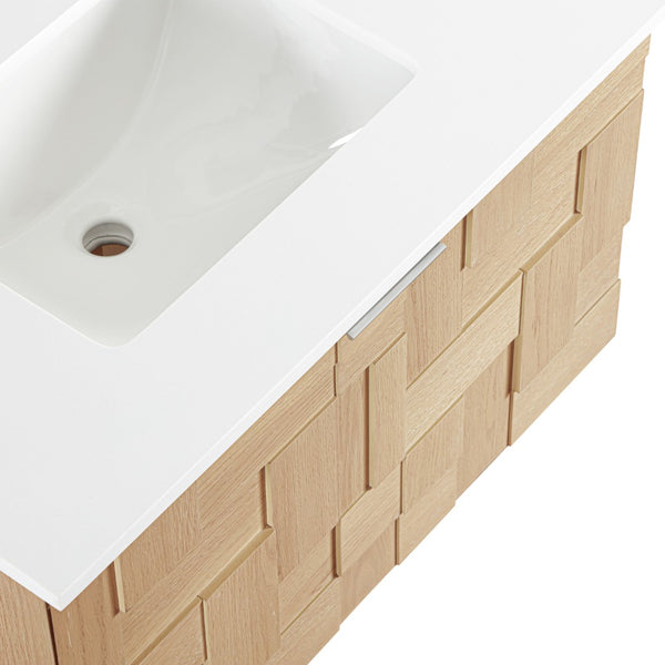 Meridian Furniture Leonardo Wall Mounted Solid Wood Bathroom Vanity with Geometric Doors and Engineered Stone Top Natural 30 inches 435Natural-30