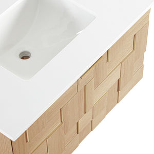 Meridian Furniture Leonardo Wall Mounted Solid Wood Bathroom Vanity with Geometric Doors and Engineered Stone Top Natural 30 inches 435Natural-30