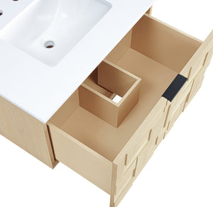 Meridian Furniture Leonardo Wall Mounted Solid Wood Bathroom Vanity with Geometric Doors and Engineered Stone Top Natural 30 inches 435Natural-30