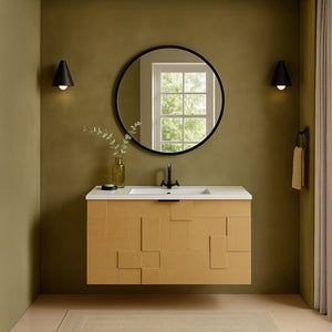 Meridian Furniture Leonardo Wall Mounted Solid Wood Bathroom Vanity with Geometric Doors and Engineered Stone Top Natural 30 inches 435Natural-30