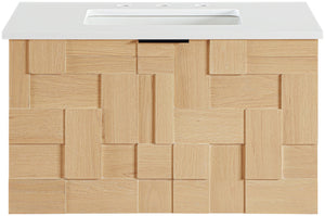 Meridian Furniture Leonardo Wall Mounted Solid Wood Bathroom Vanity with Geometric Doors and Engineered Stone Top Natural 30 inches 435Natural-30