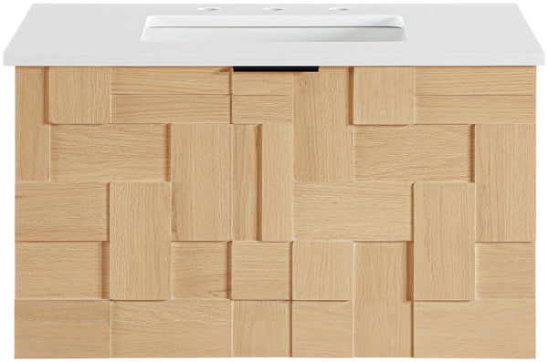 Meridian Furniture Leonardo Wall Mounted Solid Wood Bathroom Vanity with Geometric Doors and Engineered Stone Top Natural 30 inches 435Natural-30