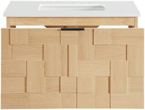 Meridian Furniture Leonardo Wall Mounted Solid Wood Bathroom Vanity with Geometric Doors and Engineered Stone Top Natural 30 inches 435Natural-30