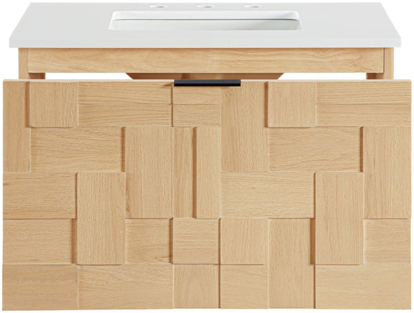 Meridian Furniture Leonardo Wall Mounted Solid Wood Bathroom Vanity with Geometric Doors and Engineered Stone Top Natural 30 inches 435Natural-30