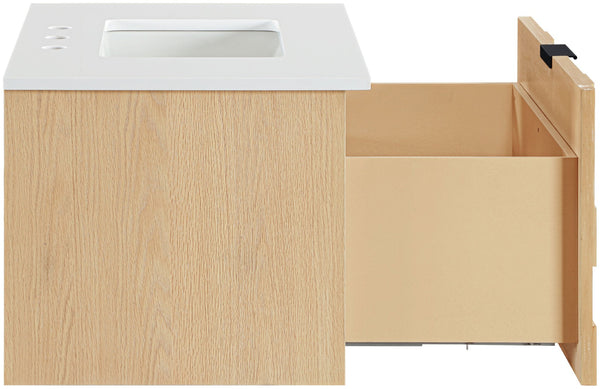 Meridian Furniture Leonardo Wall Mounted Solid Wood Bathroom Vanity with Geometric Doors and Engineered Stone Top Natural 30 inches 435Natural-30
