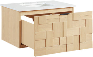 Meridian Furniture Leonardo Wall Mounted Solid Wood Bathroom Vanity with Geometric Doors and Engineered Stone Top Natural 30 inches 435Natural-30