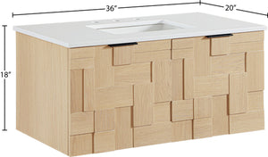 Meridian Furniture Leonardo Wall Mounted Solid Wood Bathroom Vanity with Geometric Doors and Engineered Stone Top Natural 36 inches 435Natural-36
