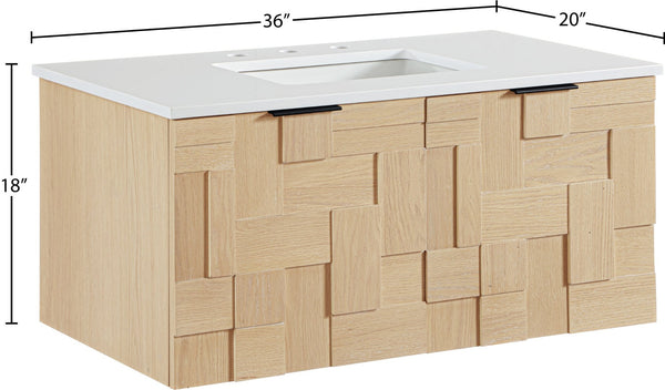 Meridian Furniture Leonardo Wall Mounted Solid Wood Bathroom Vanity with Geometric Doors and Engineered Stone Top Natural 36 inches 435Natural-36