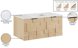 Meridian Furniture Leonardo Wall Mounted Solid Wood Bathroom Vanity with Geometric Doors and Engineered Stone Top Natural 36 inches 435Natural-36