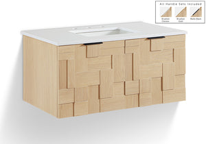 Meridian Furniture Leonardo Wall Mounted Solid Wood Bathroom Vanity with Geometric Doors and Engineered Stone Top Natural 36 inches 435Natural-36