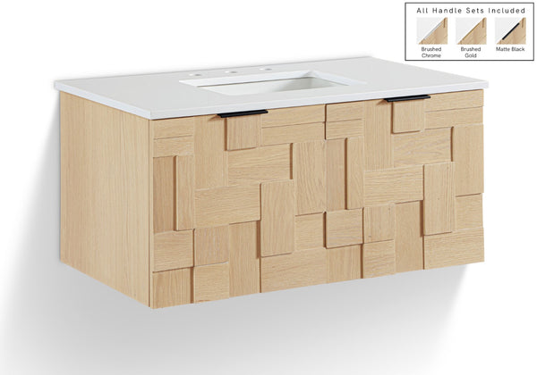 Meridian Furniture Leonardo Wall Mounted Solid Wood Bathroom Vanity with Geometric Doors and Engineered Stone Top Natural 36 inches 435Natural-36