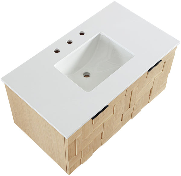 Meridian Furniture Leonardo Wall Mounted Solid Wood Bathroom Vanity with Geometric Doors and Engineered Stone Top Natural 36 inches 435Natural-36