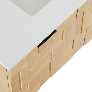 Meridian Furniture Leonardo Wall Mounted Solid Wood Bathroom Vanity with Geometric Doors and Engineered Stone Top Natural 36 inches 435Natural-36