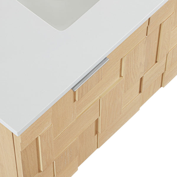 Meridian Furniture Leonardo Wall Mounted Solid Wood Bathroom Vanity with Geometric Doors and Engineered Stone Top Natural 36 inches 435Natural-36