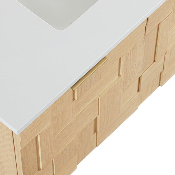 Meridian Furniture Leonardo Wall Mounted Solid Wood Bathroom Vanity with Geometric Doors and Engineered Stone Top Natural 36 inches 435Natural-36
