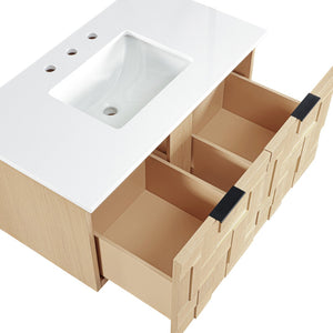Meridian Furniture Leonardo Wall Mounted Solid Wood Bathroom Vanity with Geometric Doors and Engineered Stone Top Natural 36 inches 435Natural-36
