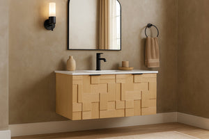 Meridian Furniture Leonardo Wall Mounted Solid Wood Bathroom Vanity with Geometric Doors and Engineered Stone Top Natural 36 inches 435Natural-36