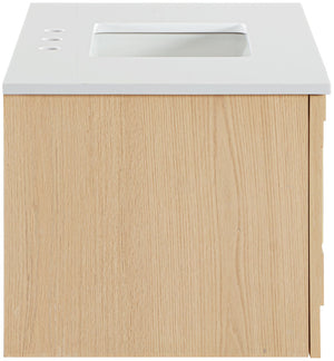 Meridian Furniture Leonardo Wall Mounted Solid Wood Bathroom Vanity with Geometric Doors and Engineered Stone Top Natural 36 inches 435Natural-36
