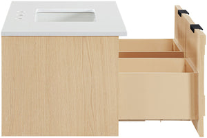 Meridian Furniture Leonardo Wall Mounted Solid Wood Bathroom Vanity with Geometric Doors and Engineered Stone Top Natural 36 inches 435Natural-36