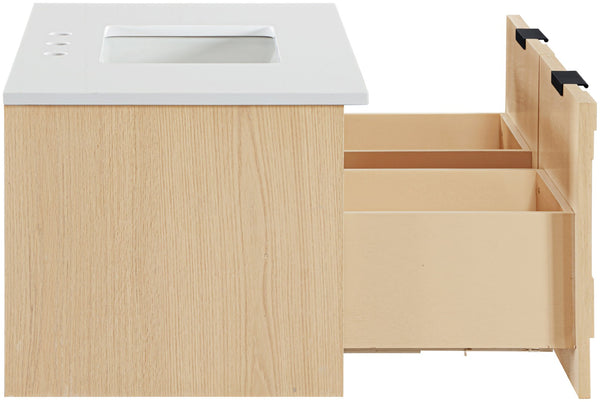 Meridian Furniture Leonardo Wall Mounted Solid Wood Bathroom Vanity with Geometric Doors and Engineered Stone Top Natural 36 inches 435Natural-36
