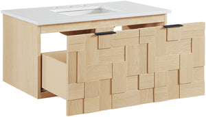 Meridian Furniture Leonardo Wall Mounted Solid Wood Bathroom Vanity with Geometric Doors and Engineered Stone Top Natural 36 inches 435Natural-36