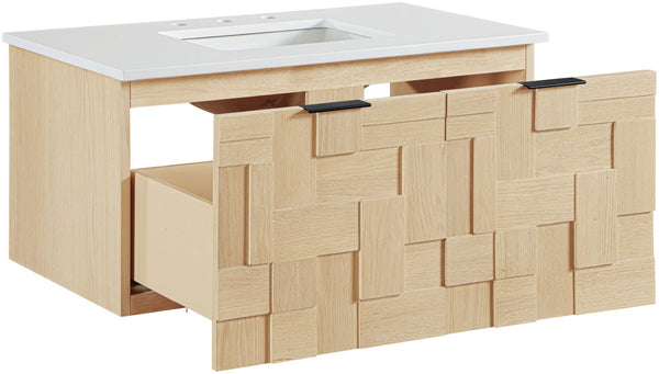 Meridian Furniture Leonardo Wall Mounted Solid Wood Bathroom Vanity with Geometric Doors and Engineered Stone Top Natural 36 inches 435Natural-36
