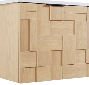 Meridian Furniture Leonardo Wall Mounted Solid Wood Bathroom Vanity with Geometric Doors and Engineered Stone Top Natural 36 inches 435Natural-36