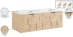 Meridian Furniture Leonardo Wall Mounted Solid Wood Bathroom Vanity with Geometric Doors and Engineered Stone Top Natural 48 inches 435Natural-48