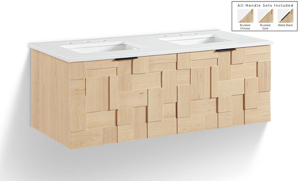 Meridian Furniture Leonardo Wall Mounted Solid Wood Bathroom Vanity with Geometric Doors and Engineered Stone Top Natural 48 inches 435Natural-48
