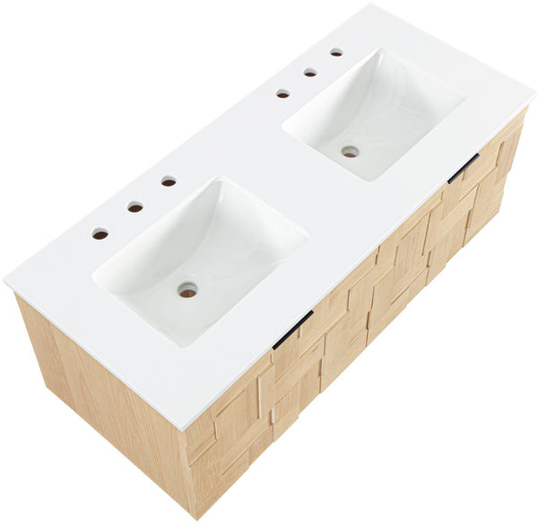 Meridian Furniture Leonardo Wall Mounted Solid Wood Bathroom Vanity with Geometric Doors and Engineered Stone Top Natural 48 inches 435Natural-48