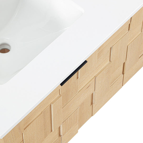 Meridian Furniture Leonardo Wall Mounted Solid Wood Bathroom Vanity with Geometric Doors and Engineered Stone Top Natural 48 inches 435Natural-48