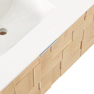 Meridian Furniture Leonardo Wall Mounted Solid Wood Bathroom Vanity with Geometric Doors and Engineered Stone Top Natural 48 inches 435Natural-48