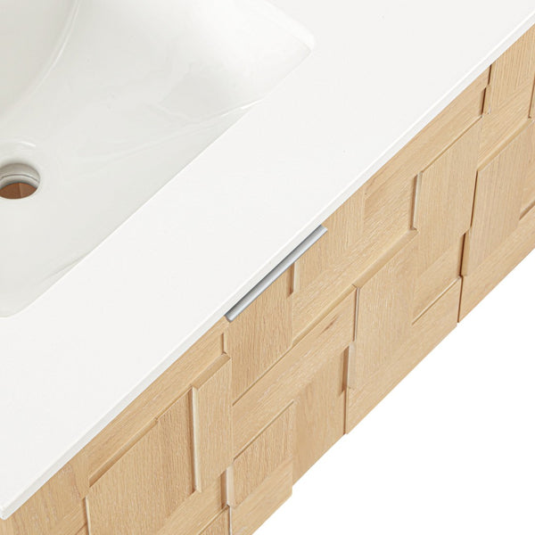 Meridian Furniture Leonardo Wall Mounted Solid Wood Bathroom Vanity with Geometric Doors and Engineered Stone Top Natural 48 inches 435Natural-48