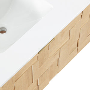 Meridian Furniture Leonardo Wall Mounted Solid Wood Bathroom Vanity with Geometric Doors and Engineered Stone Top Natural 48 inches 435Natural-48